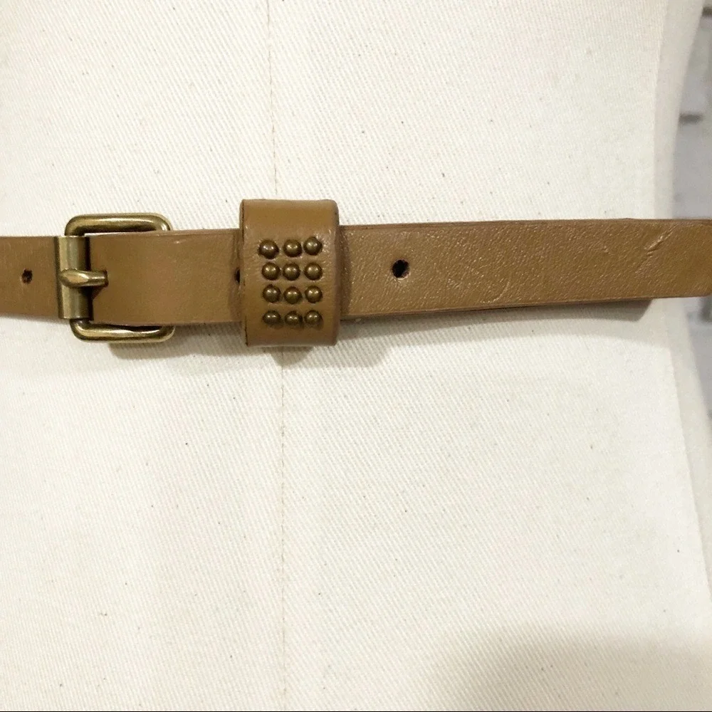 J.Crew Factory Tan Leather Skinny Belt Brass Micro Studded Brown‎ Small 31.5in